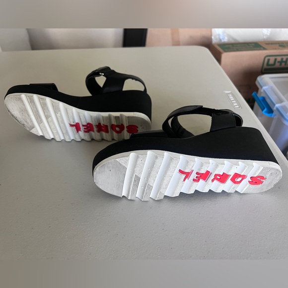 SOREL Cameron Wedge Leather Sandals Black Platform Ankle Strap 7 US NL 4018-010 - Picture 6 of 9